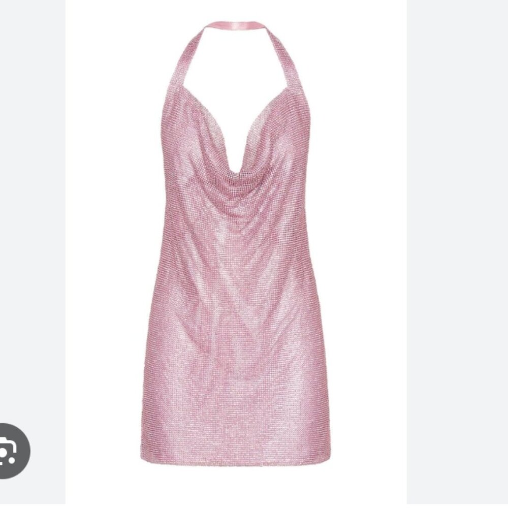 Meshki- Pink Diamante Mesh Halter Mini Dress Low Back Medium - Picture 12 of 12
